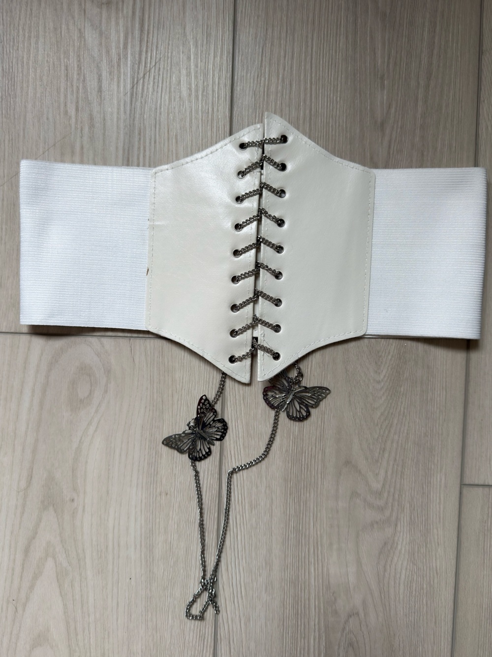 White Wide Corset Waist Belt Silver Chain Butterfly Statement Y2K
